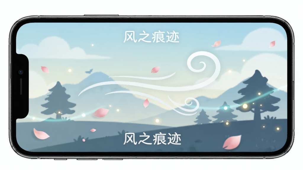 风之痕迹 一款治愈系休闲小游戏 画面中央是柔和的风景剪影 飘动的风痕线条 主体是手机屏幕展示游戏主界面 布局简洁 排版居中 风格清新治愈 细节有飘落的花瓣和流动的光点 画质高清 干净 无多余元素