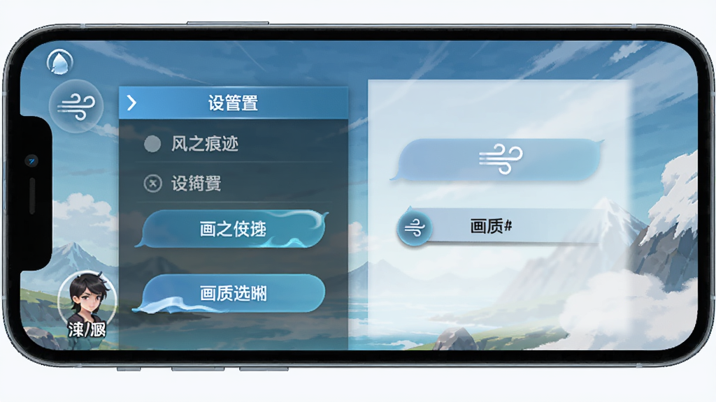 风之痕迹 手机游戏操作界面 画面展示设置菜单和画质选项 主体是手机屏幕 布局清晰 排版突出设置选项 风格简洁现代 细节有流畅和画质两个按钮 画质清晰 干净 无多余元素