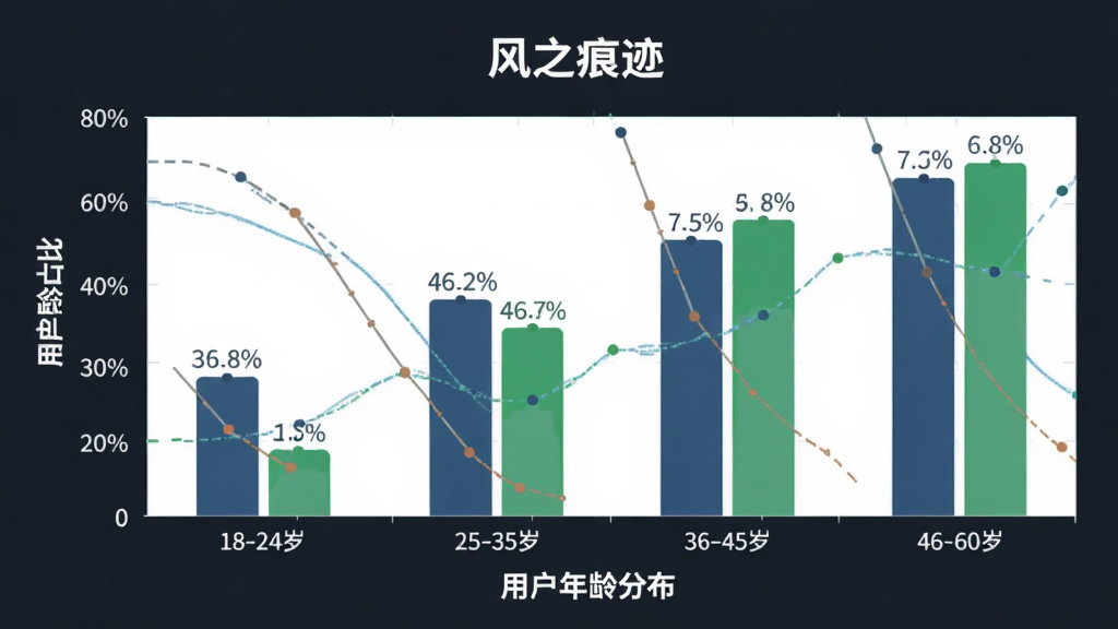 风之痕迹 用户年龄分布柱状图 横轴为年龄段18-24岁 25-35岁 36-45岁 46-60岁 纵轴为用户占比 柱状图显示各年龄段分布比例 主体是数据图表 布局清晰 排版简洁 风格现代商务 细节有百分比标注 画质清晰 干净 无多余元素