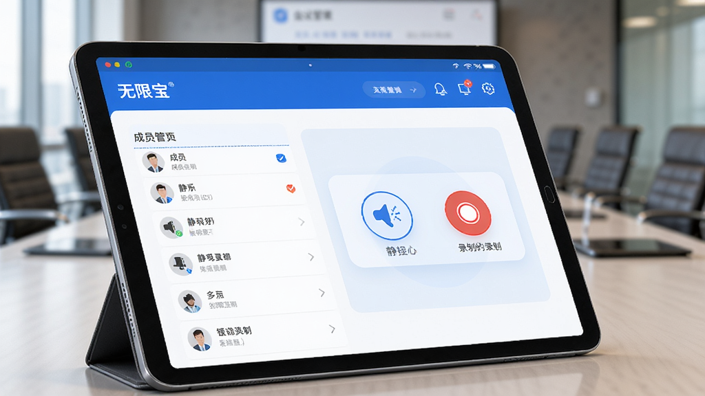������һ��ƽ�������Ļ����Ļ����ʾ�����ޱ����Ļ��������̨���棬�г�Ա�б���������ť��¼�ư�ť��ͼ�ꡣ������ƽ��б���������ϣ�������ģ���Ļ����ҳ������Ű�����չʾ�������ܡ������רҵ��������硣ϸ����ͼ�����ֱ�ۣ���ɫ������Ϊ�������ʸ��壬�ɾ����޶���Ԫ�ء�