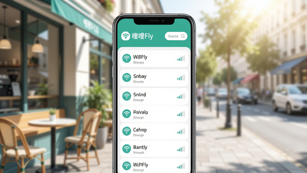 һ��չʾ��Fly�����������ͼƬ�������������ֻ���Ļ����Ļ����ʾ��Fly��WiFi�б����棬�б����ж��WiFi���ƺ��ź�ǿ��ͼ�꣬���涥������Fly��Logo��������ť�������������Ļ��ⳡ�����п��ȵ�ͽֵ�����������ִ���ϸ�����������ʸɾ��޶���Ԫ�ء�