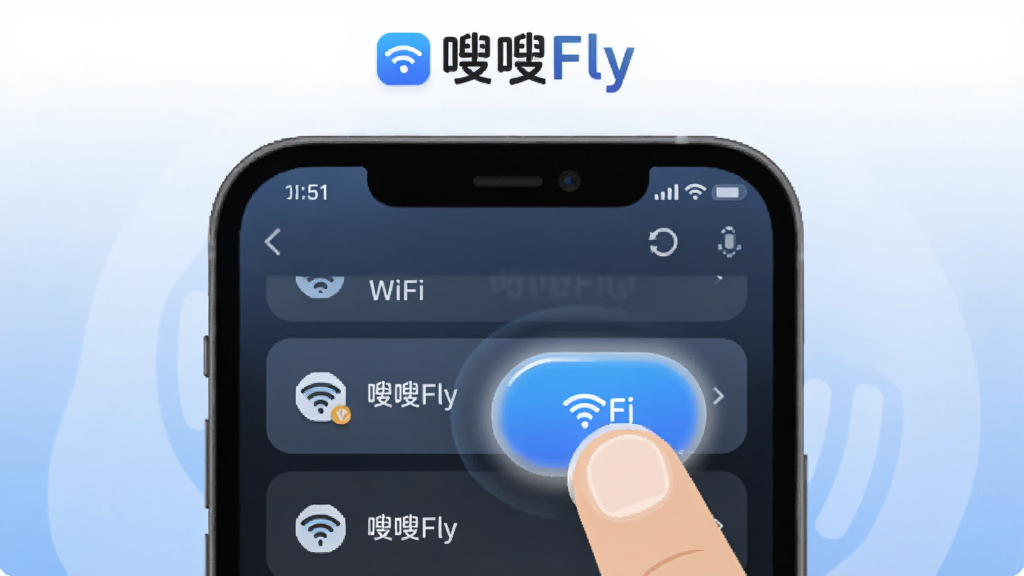 һ��չʾ��Flyһ�����ӹ��ܵ�ͼƬ�������������ֻ���Ļ��д����Ļ����ʾ��Fly��WiFi�б�������һ��WiFi�Ա���һ����Ŀ�����Ӱ�ť����ָ�������Ļ�Ϸ�����Fly�����ֱ�ʶ�������Ǽ�����ɫ���䣬����ƽ����ϸ��Բ�󣬻��������ɾ���