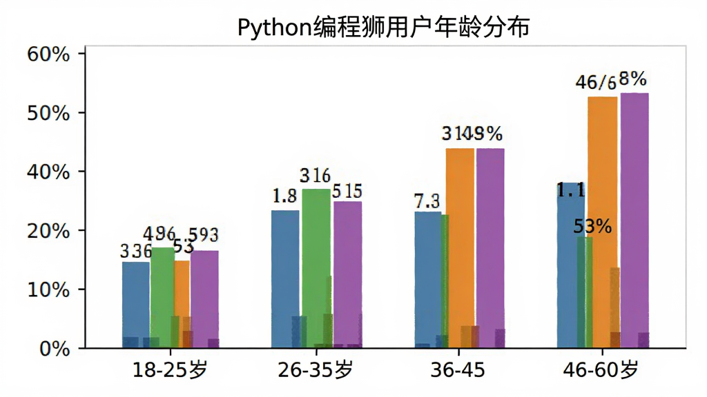 Python���ʨ �û�����ֲ���״ͼ������Ϊ�����18-25�ꡢ26-35�ꡢ36-45�ꡢ46-60�꣬����Ϊ�û�ռ�Ȱٷֱȣ���״ͼ��ɫ�ֱ�Ϊ��ɫ����ɫ����ɫ����ɫ��ͼ������Ϊ��Python���ʨ�û�����ֲ����������ɾ���ɫ�����ݱ�ǩ�����ɼ�