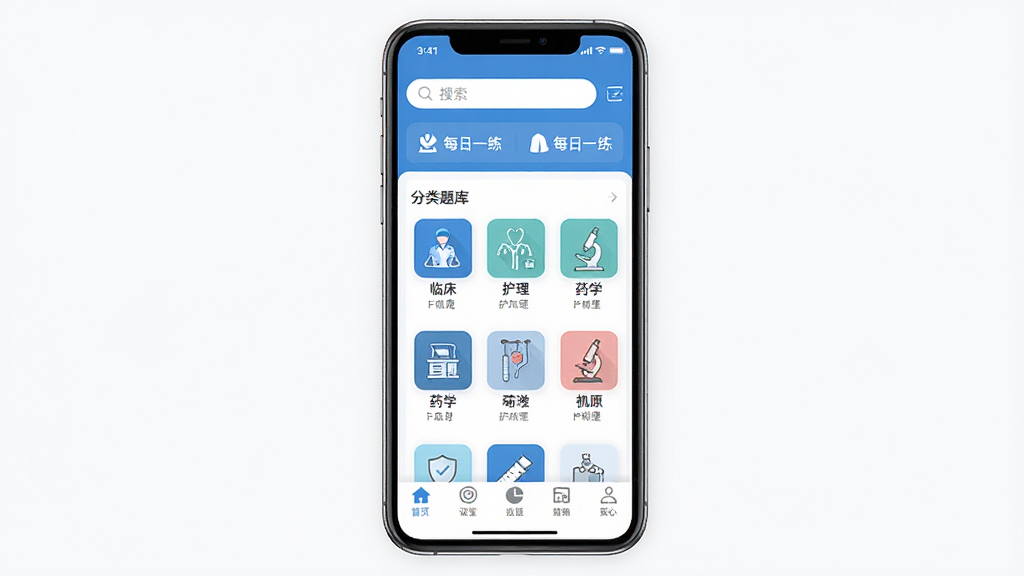ҽѧ΢����Ӧ��������ȫòչʾ�������������ֻ���Ļ����Ļ����ʾҽѧ΢����APP��ҳ����������������ÿ��һ����ڣ��м��Ƿ������������ģ��ͼ�꣬�����ٴ���������ҩѧ�ȣ��ײ������������ɼ����������������ɫ�������רҵ�������������޶���Ԫ��