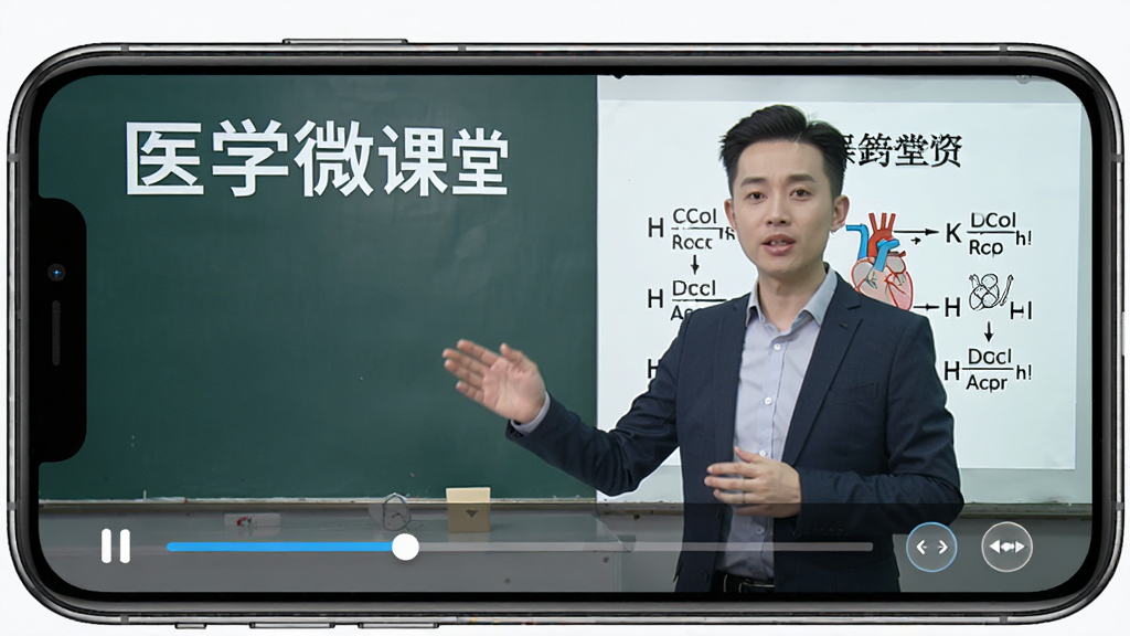ҽѧ΢������Ƶ�γ̲��Ž��棬�ֻ�������ʾ��������һλ��ʦ���ڽ���ҽѧ֪ʶ�㣬�Ա�����������PPTͼ������Ļ�·��в��Ž������ͱ��ٰ�ť���������ɾ����ص�ͻ����ҽѧ΢���á�����������ִ�����������