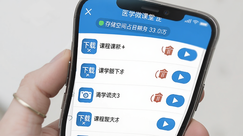 ҽѧ΢�����������ع������棬�ֻ���Ļ��ʾ�����صĿγ��б���ÿ����Ŀ�Ա���ɾ���Ͳ��Ű�ť�������д洢�ռ�ռ����ʾ����������ɫΪ��ɫ����ͼ������������࣬���ʸɾ�