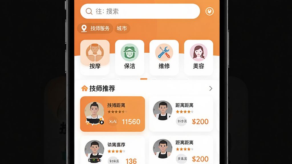 ��Լ����APP��ҳ�����ͼ��������һ���ֻ���Ļ����Ļ��չʾ��Լ����APP����ҳ������Ϊ�����������Ͷ�λ���У��м��Ǽ�ʦ������Ŀ����ͼ���簴Ħ�����ࡢά�ޡ����ݣ��·��Ǽ�ʦ�Ƽ���Ƭ�ٲ�����ÿ�ſ�Ƭ������ʦͷ�����֡�����ͷ���۸�������Ϊ�ִ���ƽ����ƣ���ɫ��Ϊů��ɫ�Ͱ�ɫ���䣬ϸ��Բ�󣬻��ʸɾ��������޶���Ԫ��