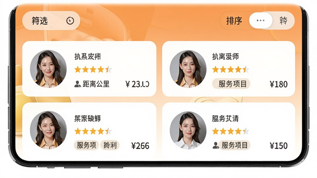 ��Լ����APP��ʦɸѡ���棬�ֻ���Ļչʾ��ʦ�б���ÿ����ʦ��Ƭ��������ͷ�������������Ǽ������빫������������Ŀ��ǩ�ͼ۸񣬶�����ɸѡ��ť������ѡ������������죬ůɫ��Ϊ���������������޶���Ԫ��