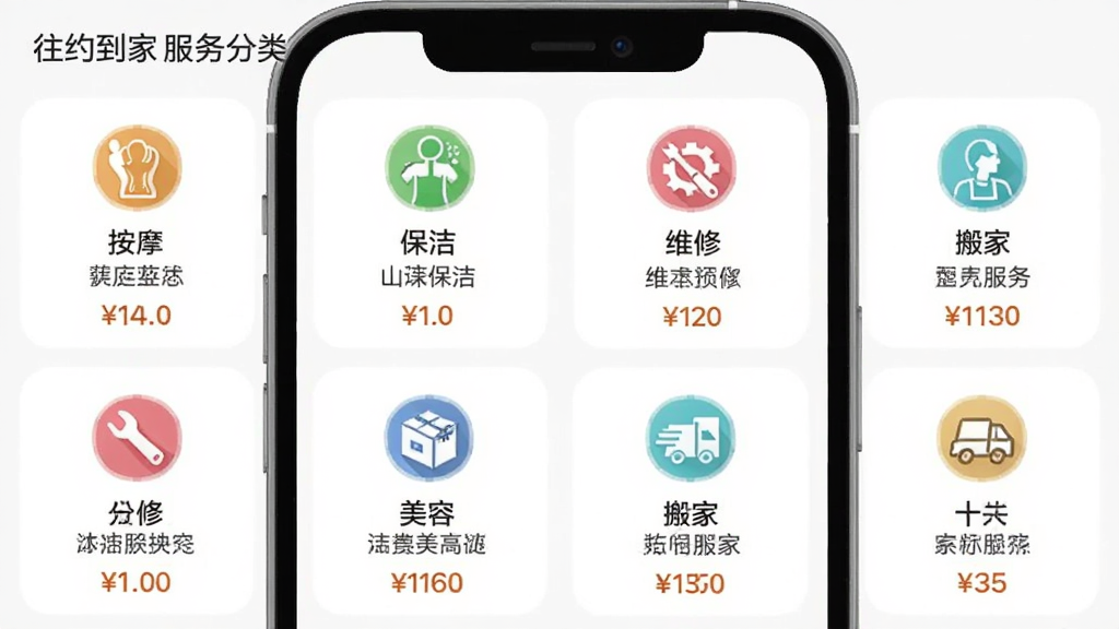 ��Լ����APP������Ŀ����ҳ�棬�ֻ���Ļչʾ����������ͼ����б���������Ħ�����ࡢά�ޡ����ݡ���ҵȣ�ÿ�������·��о��������Ŀ���ƺ��𲽼۸񣬽����Ű����룬ͼ����Ƽ�Լ������Ϊǳɫ�����������ɶ������ʸɾ����޶���Ԫ��