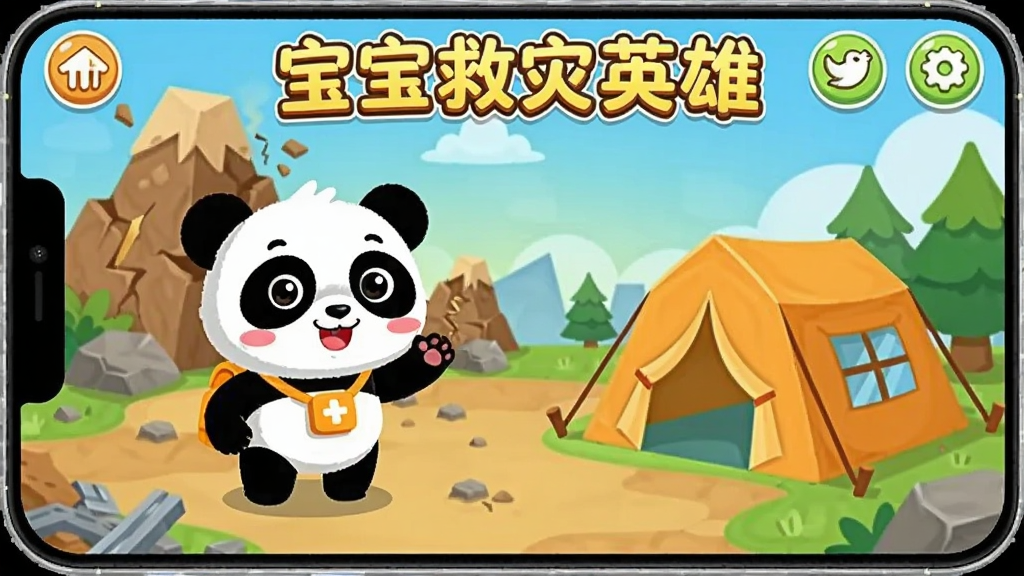 宝宝救灾英雄 儿童安全教育游戏主界面 卡通风格 地震模拟场景 包含可爱的熊猫角色和避难帐篷 色彩明亮温暖 画质干净