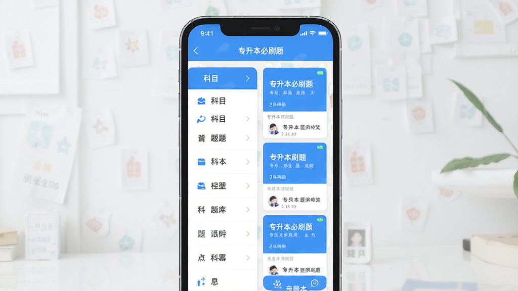 一张展示专升本必刷题APP核心界面的手机样机图,画面中央是手机屏幕,屏幕上显示着“专升本必刷题”的启动页和题库分类页,布局清晰,左侧有科目列表,右侧是题目卡片,风格简洁清新,蓝白配色为主,细节精致,画质干净明亮,无多余元素