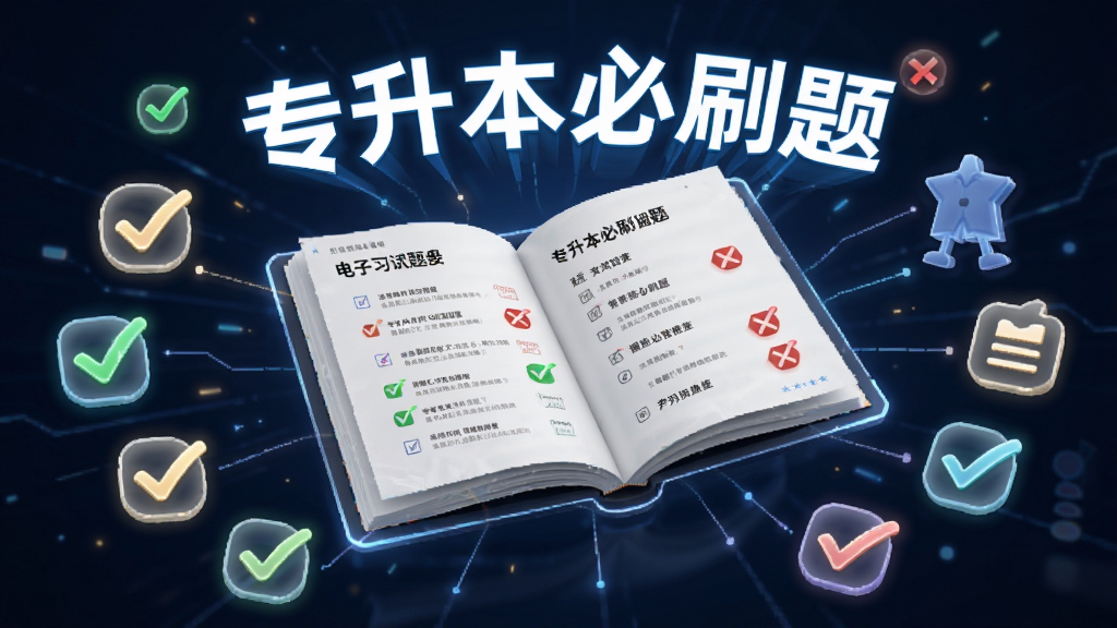 AI生图,主体是一本翻开的电子习题册悬浮在空中,周围环绕着“专升本必刷题”的文字和不同科目的图标,布局呈放射状,排版错落有致,风格现代科技感,细节有发光的对勾和错号标记,画质清晰,干净无多余元素