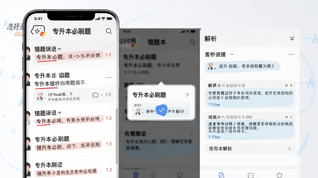 一张AI生成的图片,主体是“专升本必刷题”APP的错题本界面,屏幕上显示着错题列表和解析弹窗,布局为左侧题目列表右侧解析详情,排版工整,风格极简学习风,细节有红色标记和蓝色笔记,画质高清,干净无多余元素