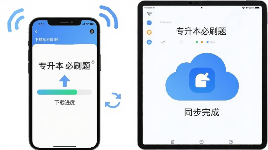 AI生图,主体是“专升本必刷题”的离线下载和云同步功能示意图,画面左侧是手机显示下载进度条,右侧是平板显示同步完成的云朵图标,布局左右呼应,排版对称,风格扁平化插画,细节有网络信号和刷新箭头,画质干净,无多余元素