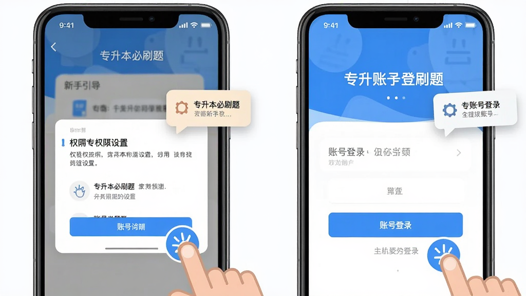 一张AI生成的图片,主体是“专升本必刷题”APP的新手引导界面,画面中手机屏幕显示权限设置和账号登录页面,布局为上下结构,排版清晰,风格扁平化,细节有手指点击的图标和提示气泡,画质干净,无多余元素