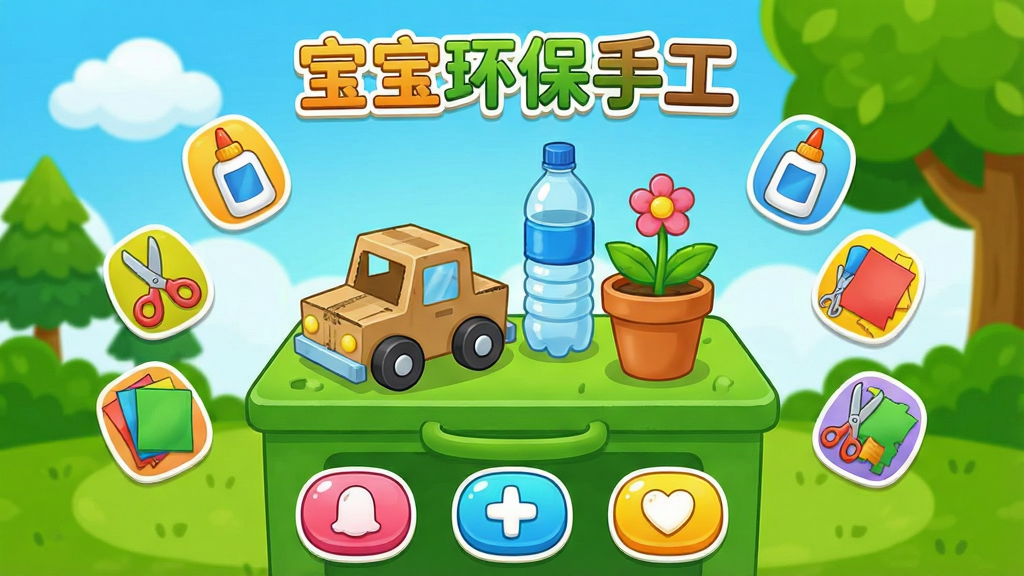 一张展示宝宝环保手工APP核心界面的图片,画面中央是一个卡通风格的绿色手工台,上面摆放着用纸箱和塑料瓶做成的小汽车和小花盆,周围漂浮着剪刀、胶水、彩纸等手工工具图标,背景是明亮的蓝天白云和绿树,界面顶部有“宝宝环保手工”文字标识,底部有几个圆润的彩色按钮,整体风格活泼可爱,色彩鲜艳,画质干净清晰,无多余元素