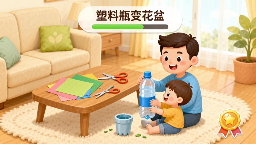 宝宝环保手工APP内亲子任务挑战界面的图片,画面展示一个客厅场景,卡通爸爸和小朋友一起坐在地毯上用塑料瓶做花盆,茶几上放着彩纸和剪刀,屏幕上方显示任务名称“塑料瓶变花盆”和进度条,右下角有勋章图标,风格温馨明亮,画质干净清晰
