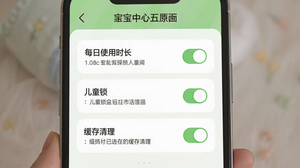 宝宝环保手工APP家长中心设置界面的图片,画面展示一个简洁的设置面板,包含“每日使用时长”“儿童锁”“缓存清理”等选项,每个选项旁边有开关按钮和说明文字,界面以浅绿色和白色为主色调,风格清爽,画质干净清晰