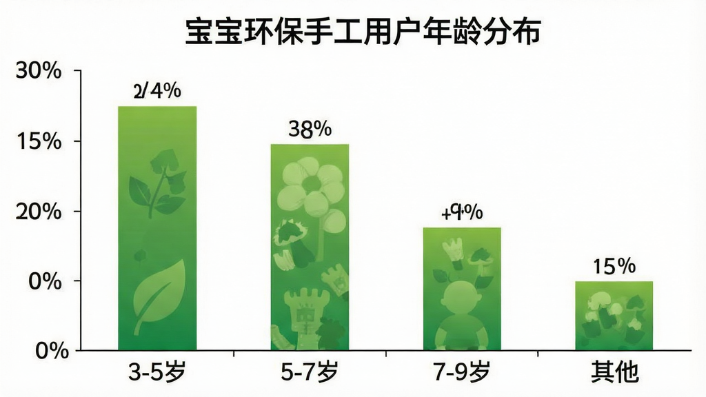 一张柱状图展示宝宝环保手工用户年龄分布,横轴为年龄段“3-5岁”“5-7岁”“7-9岁”“其他”,纵轴为用户占比百分比,柱子分别为35%、30%、20%、15%,柱子颜色为绿色渐变,图表标题为“宝宝环保手工用户年龄分布”,风格简洁清晰,画质干净