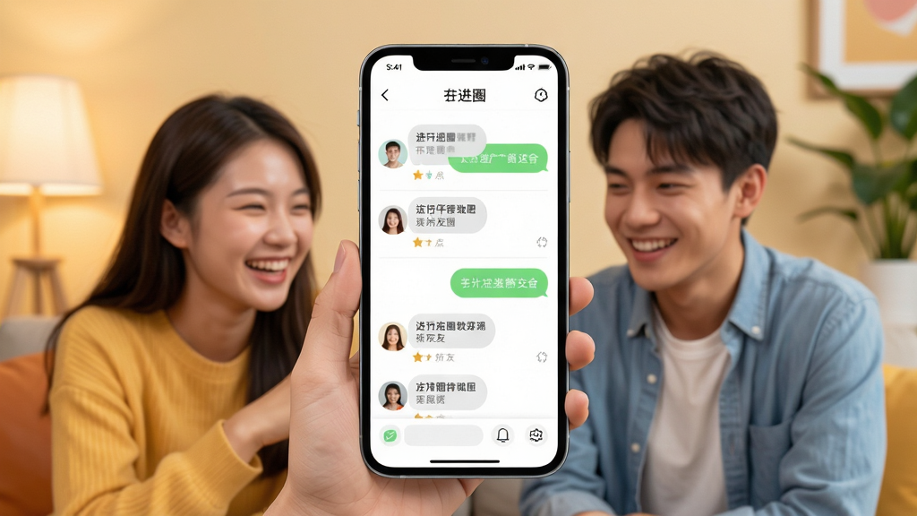 进圈软件主界面展示,年轻人在手机上愉快聊天交友,主体为一部智能手机屏幕显示进圈聊天列表界面,布局居中,排版简洁,风格现代扁平化,细节圆润图标清晰,画质干净无多余元素,高清晰度,明亮色调,背景温馨舒适