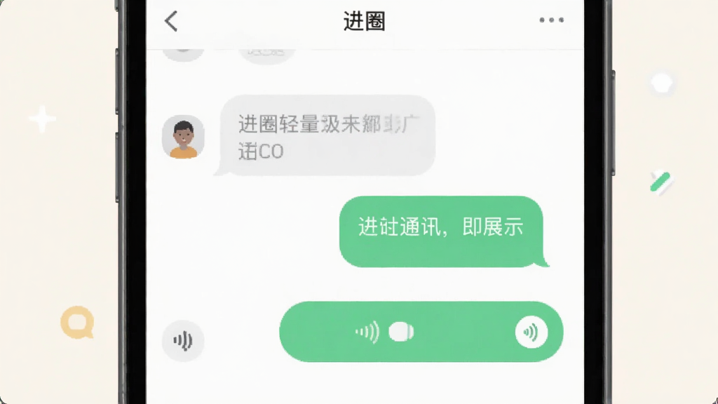 进圈轻量级即时通讯功能展示,一部手机屏幕显示进圈简洁聊天界面,有文字气泡和语音条,主体突出手机,布局居中,排版干净,风格简约扁平,细节图标圆润,画质清晰无多余元素,背景浅色