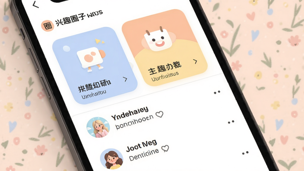 进圈兴趣圈子动态页面,手机屏幕显示不同兴趣话题卡片和用户动态列表,主体为手机,布局上下排列,排版清晰,风格活泼清新,细节色彩柔和图标明确,画质干净无多余元素,背景淡雅
