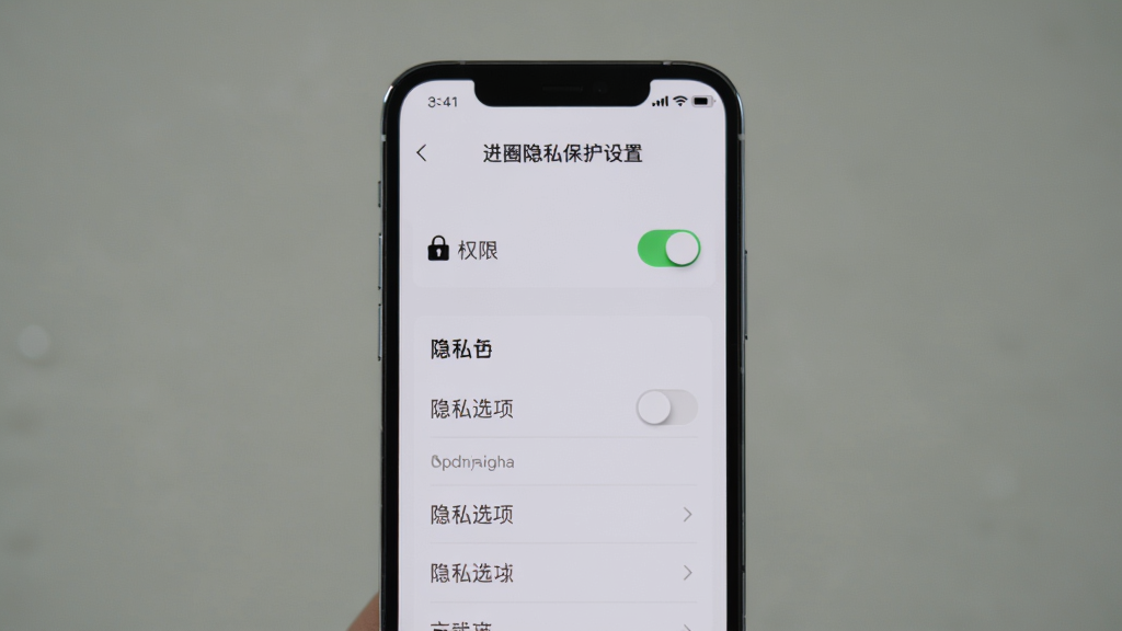 进圈隐私保护设置页面,手机屏幕显示权限开关和隐私选项列表,主体为手机,布局垂直排列,排版整洁,风格安全稳重,细节锁形图标和开关按钮清晰,画质干净无多余元素,背景柔和
