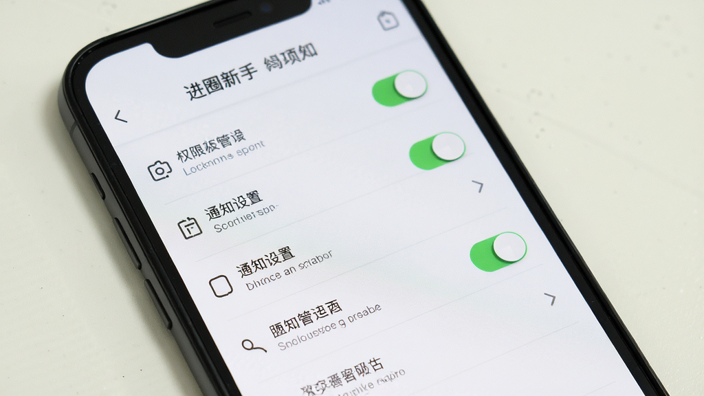 进圈新手设置界面,手机屏幕显示权限管理和通知设置选项,主体为手机,布局列表式排列,排版清晰,风格简洁实用,细节开关按钮和文字标签明确,画质干净无多余元素,背景浅色