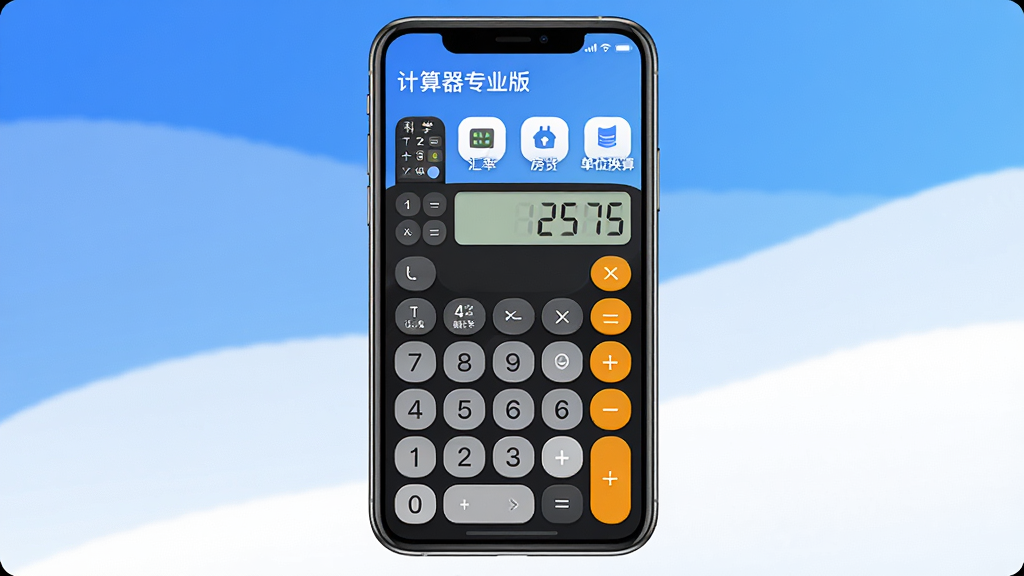 一张展示“计算器专业版”App主界面的高清产品图,画面中央是手机屏幕,屏幕内显示“计算器专业版”标准计算器界面,数字键盘清晰排列,顶部有科学计算、汇率、房贷、单位换算四个功能入口图标,背景为简洁蓝白渐变,布局居中,风格现代扁平,细节圆润,画质干净清晰,无多余元素
