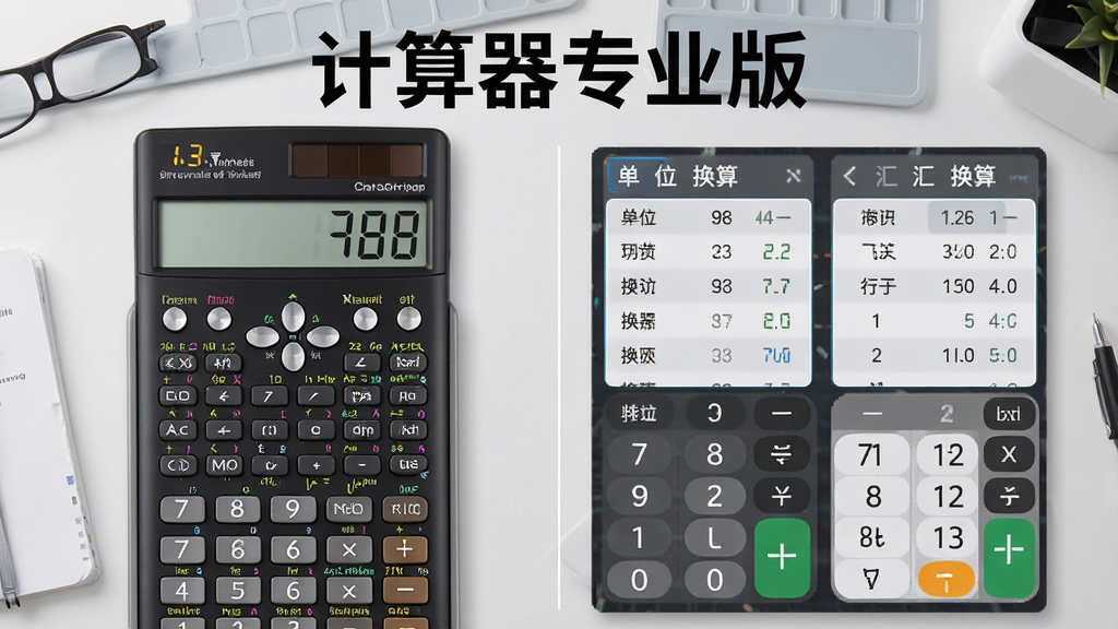 一张“计算器专业版”功能展示图,画面左侧是科学计算器界面,右侧是单位换算和汇率换算面板,顶部标注“计算器专业版”字样,背景为浅灰色工作台风格,布局左右分栏,风格简约商务,画质清晰,无多余元素