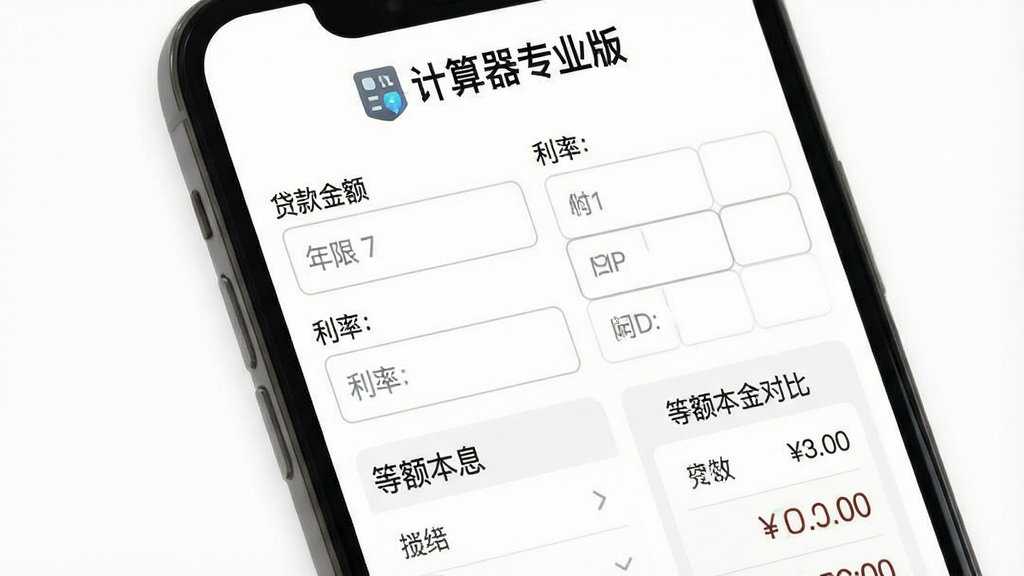 一张“计算器专业版”房贷计算器界面图,画面中手机屏幕显示贷款金额、年限、利率输入框以及等额本息和等额本金对比结果,顶部有“计算器专业版”标识,背景为白色简洁风格,布局清晰,画质干净,无多余元素