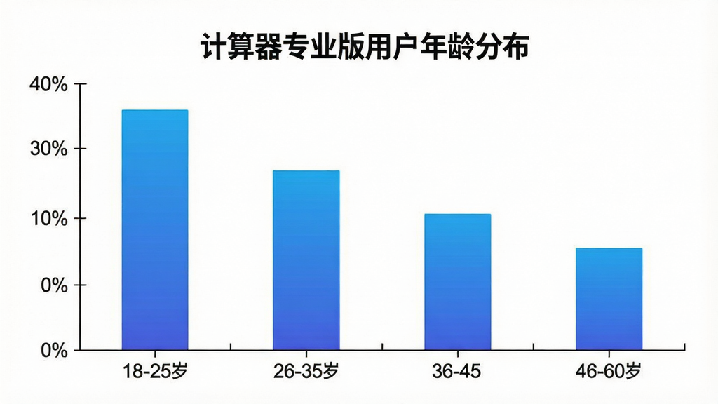 一张“计算器专业版”用户年龄分布柱状图,画面中横轴为年龄段18-25岁、26-35岁、36-45岁、46-60岁,纵轴为用户占比百分比,柱状颜色为蓝色渐变,图表标题为“计算器专业版用户年龄分布”,背景为白色,布局居中,风格数据可视化,画质清晰,无多余元素