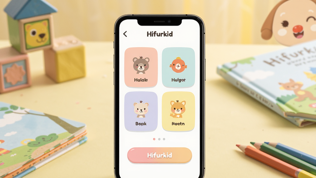 һ��չʾ Hifurkid Ӧ�ú���ȫò��ͼƬ������������һ���ֻ����ֻ���Ļ����ʾ�� Hifurkid Ӧ�õ������棬���沼����������ɫ����͵Ķ�ͯ������Ƭ����ͨ����ͼ��ͼ򵥵Ĳ�����ť���ֻ���Χɢ���Ż�ľ���汾����ɫǦ�ʵȶ�ͯ��Ʒ��������������ůɫ������������ܰ�ɰ������ʸɾ����޶���Ԫ��