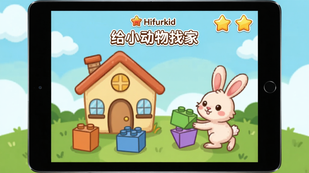 һ��չʾ Hifurkid Ӧ���ڻ�����Ϸ�����ͼƬ��������һ��ƽ���������ʾ�� Hifurkid �ġ���С�����Ҽҡ���Ϸ���棬��Ļ����һ����ͨ���Ӻͼ�����ͬ��״�Ĳ�ɫ��ľ��һֻ��ͨС�������ѻ�ľ�����ӣ���Ļ�Ϸ������ǽ���ͼ�꣬��������͵�����ݵأ����ͨ�ɰ��������������ɾ��޶���Ԫ��