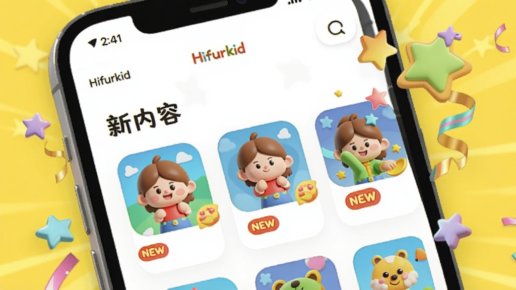 һ��չʾ Hifurkid Ӧ�����ݸ��½����ͼƬ��������һ���ֻ���Ļ����ʾ�� Hifurkid �ġ������ݡ�ҳ�棬�����м��������ߵĻ�����Ϸͼ�꣬ͼ���·��С�NEW����С��ǩ���ֻ���ΧƯ����һЩ��ͨ���ǺͲʴ��������������Ļ�ɫ���������û��죬���ʸɾ����޶���Ԫ��