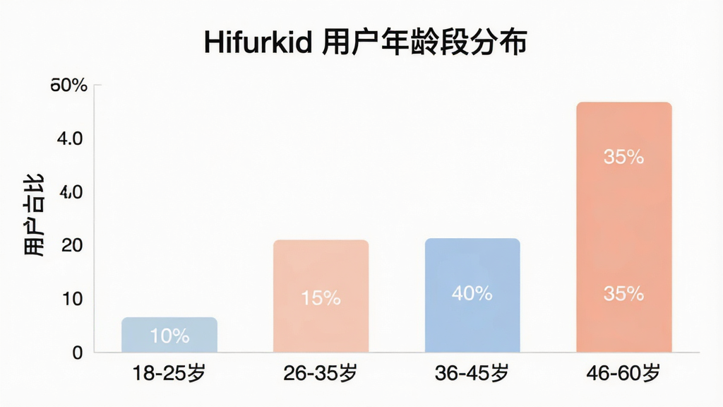 һ��չʾ Hifurkid �û�����ֲ�����״ͼͼƬ��ͼ������Ϊ��Hifurkid �û�����ηֲ����������ע��18-25�ꡱ��26-35�ꡱ��36-45�ꡱ��46-60�ꡱ�������ע���û�ռ�ȡ�����״ͼ��ʾ26-35���36-45�����������ռ����ߣ��ֱ�Ϊ40%��35%��18-25��ռ��15%��46-60��ռ��10%��ͼ��������ִ�����ɫ��ͣ������������޶���Ԫ��