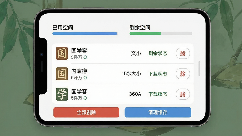 һ��չʾ��ѧ��������ͼ�ĺϼ�App���߻�����������ͼƬ����������һ�����ع����б�����ʾ�ѻ���Ĺ�ѧ�������ơ��ļ���С������״̬��ÿ����Ŀ�Ҳ���ɾ����ť�����������ÿռ��ʣ��ռ�Ľ��������ײ��С�ȫ��ɾ�����͡��������桱��ť�����岼������������Լ�ִ������ʸɾ��޶���Ԫ��