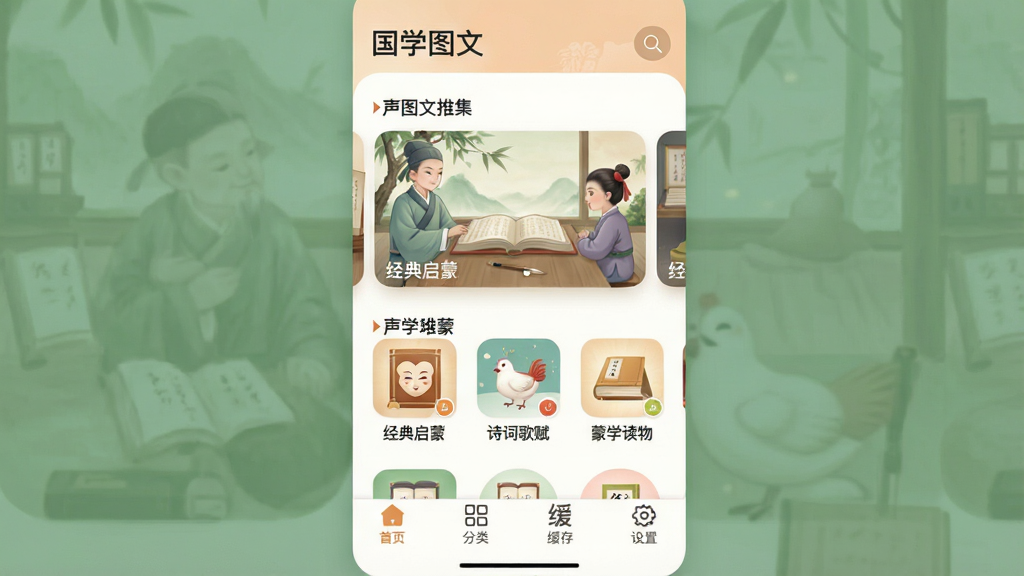һ��չʾ��ѧ��������ͼ�ĺϼ�App��ҳ�����ͼƬ�����涥����App���ƺ�����ͼ�꣬�м��Ǻ��򻬶����Ƽ����ݿ�Ƭ���·��ǡ��������ɡ���ʫ�ʸ踳������ѧ����ȷ�����ڣ��ײ�����������ҳ�����ࡢ���桢�����ĸ�ѡ����岼����ˬ����ɫ��ͣ�����Լ�󷽣����ʸɾ�����