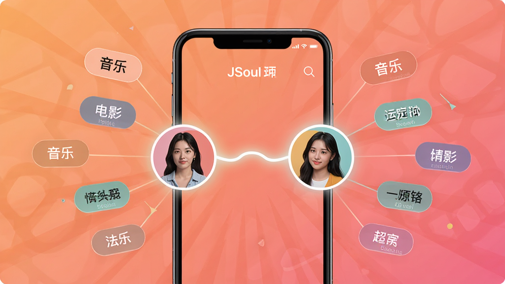 һ��չʾJSoul����ƥ�书�ܵ�ͼƬ�������������ֻ���Ļ��ʾƥ��ɹ����棬�����û�ͷ��ͨ��һ�����������������һ����Χ�и�����Ȥ��ǩ�����֡���Ӱ���˶���Ư������������ů�ĳȷ�ɫ���䣬�Ű����ֻ�Ϊ���������ܷ���Ԫ�أ���������ִ���ϸ�ھ��£����ʸ���ɾ��޶���Ԫ��