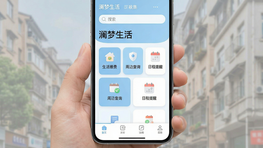 һ���ֻ���Ļչʾ���棬���������ǡ��������App����ҳ�����岼�ּ����ˬ���������������ͻ�ӭ��м��ǹ��ܿ�Ƭ�������У���������ɷѡ��ܱ߲�ѯ���ճ����ѵ�ͼ�꣬�ײ��ǵ�����������ɫ��Ϊ��͵�ǳ�����ɫ���䣬����ִ���ƽ����ϸ��Բ�󣬻��ʸɾ��������޶���Ԫ��