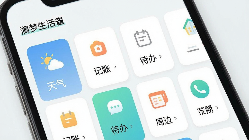 һ���ֻ�����չʾͼ���������ǡ��������App�Ĺ��ܾۺ�ҳ�棬����Ϊ������ܿ�Ƭ�������У��������������ˡ����졢�ܱߵ�ͼ�꣬�����������Ű����������ƣ�����Լ���£�ϸ�ھ��£����ʸɾ����޶���Ԫ��