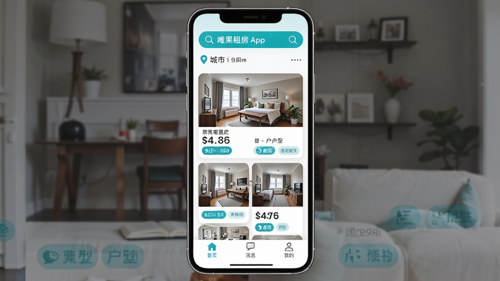 Ψ���ⷿAPP��ҳ����չʾ���ֻ���Ļ���У�ҳ�涥����ʾ�������ͳ��ж�λ���в�Ϊ��Դ��Ϣ�ٲ�����Ƭ��ÿ�ſ�Ƭ��������ʵ��ͼ�����۸�ͻ��ͱ�ǩ���ײ�Ϊ��ҳ����Ϣ���ҵ���������ѡ������԰�ɫ������ɫΪ��ɫ����������ִ���ƽ����ͼ��Բ�����������ʸɾ��������޶���Ԫ��