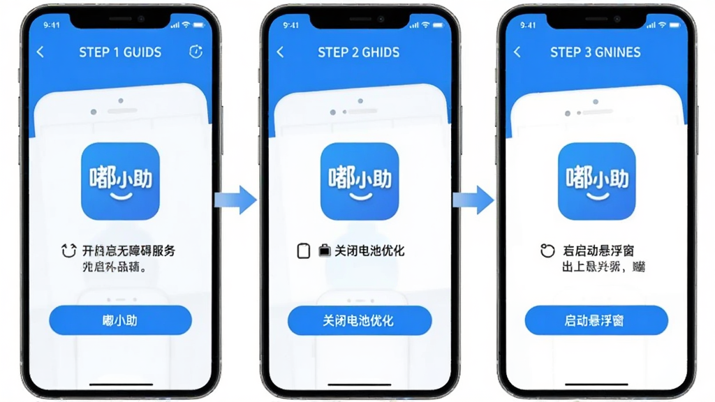 嘟小助新手设置引导流程图,画面以手机屏幕形式展示三个步骤,第一步开启无障碍服务,第二步关闭电池优化,第三步启动悬浮窗,每个步骤配有