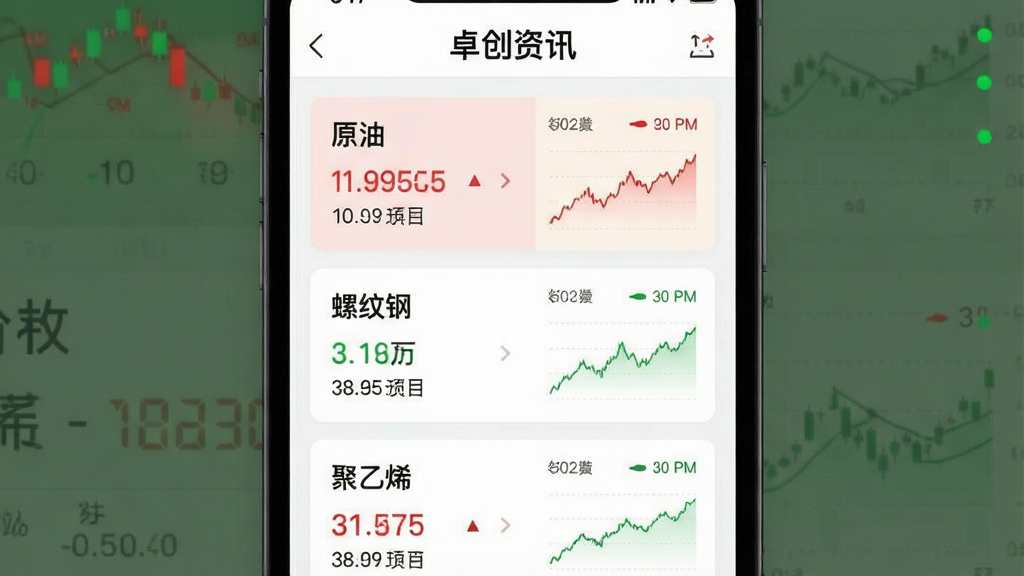生图提示词:一张“卓创资讯”App的实时行情界面截图风格图片,主体为手机屏幕,布局显示多个大宗商品板块的价格卡片,包含“原油”、“螺纹钢”、“聚乙烯”等文字标签,排版为纵向列表,风格扁平化科技感,细节有红绿数字跳动和迷你走势图,画质清晰,干净,无多余元素