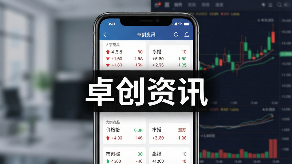 一张展示“卓创资讯”App核心界面的手机样机图,手机屏幕显示大宗商品价格涨跌列表和K线走势图,背景虚化处理,画面中央清晰展示“卓创资讯”四个字,布局为居中的手机展示,排版简洁,风格现代商务,细节包含红绿涨跌箭头和数据卡片,画质高清,干净,无多余元素