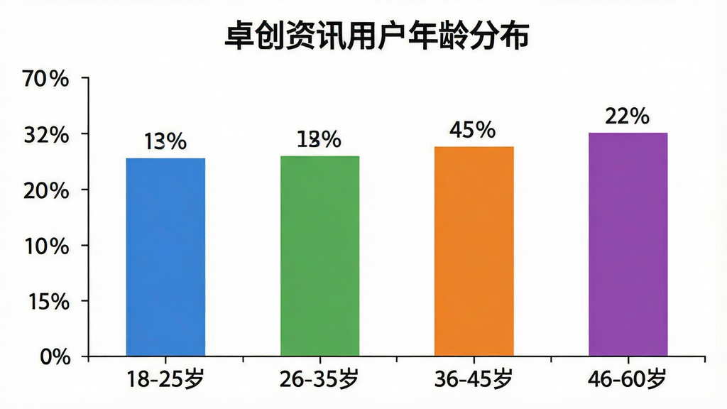 生图提示词:一张柱状图,标题为“卓创资讯用户年龄分布”,横轴为“18-25岁”、“26-35岁”、“36-45岁”、“46-60岁”,纵轴为用户占比百分比,柱体颜色分别为蓝色、绿色、橙色、紫色,柱子上方显示具体百分比数字,风格简洁数据可视化,画质清晰,干净,无多余元素