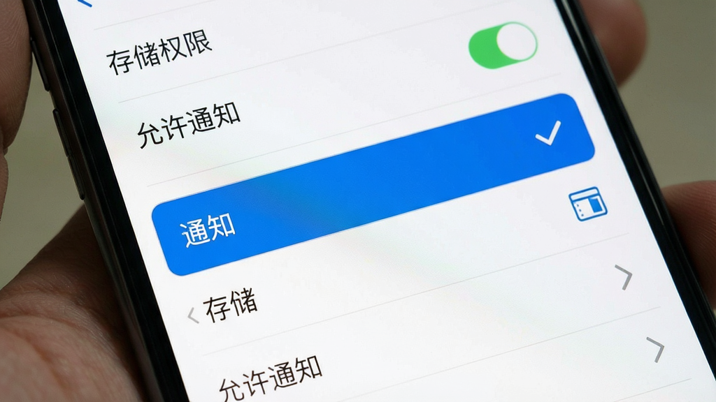 生图提示词:一张展示手机安全设置界面的图片,主体为手机屏幕,布局显示应用权限管理列表,其中“通知”和“存储”权限被高亮勾选,排版为纵向设置项,风格简洁明了,细节包含“允许通知”、“存储权限”等文字标签,画质清晰,干净,无多余元素
