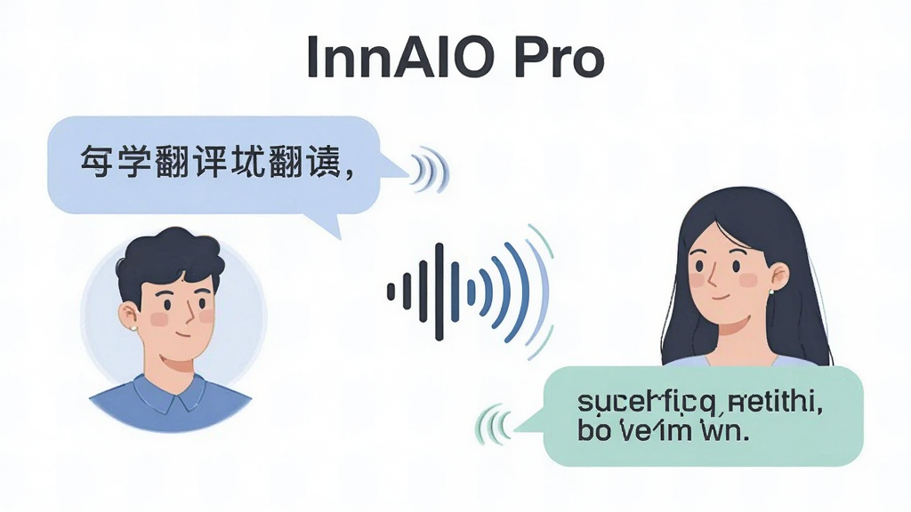 һ��չʾInnAIO Pro�����Ի����빦�ܵ�ͼƬ����������������ͷ���м���һ������ͼ�꣬����Ϊ���ҶԻ����ݣ���������ұ�Ӣ�ģ��Ű�Գƣ������廭�磬ϸ���������ж�̬�У�������ɫ��ͣ����ʸɾ��޶���Ԫ�أ�������ʾ���֡�InnAIO Pro��