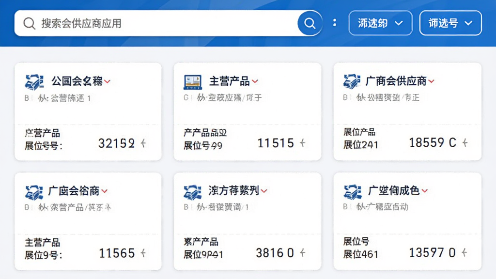 广交会供应商应用内的供应商搜索结果页面截图,顶部有搜索框和筛选按钮,搜索结果以卡片列表形式展示,每个卡片包含公司名称、主营产品和展位号,界面配色以蓝白为主,风格干净整洁,画质清晰,无多余元素