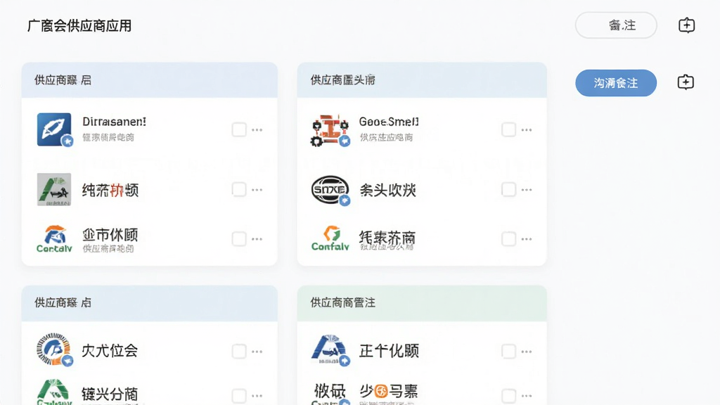 广交会供应商应用内的收藏夹管理界面,展示多个供应商分组卡片,每个分组下有若干企业条目,界面右侧有沟通按钮和备注图标,整体布局清晰,配色柔和,风格商务简洁,画质干净,无多余元素